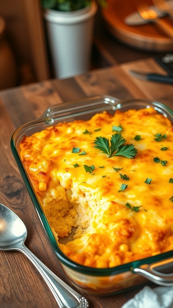 A golden Jiffy corn casserole in a baking dish, garnished with parsley, on a rustic table.